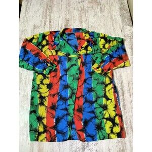 Vintage Hawaiian Shirt Mens 44” Colorful Scoop Collar Unique Button Up RARE 90s